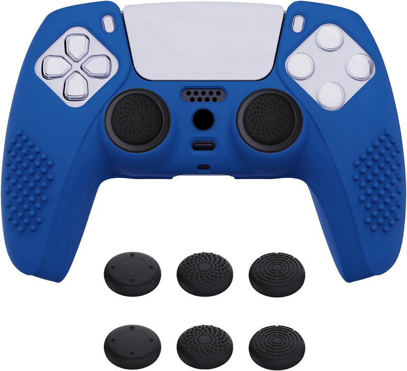 eXtremeRate PlayVital Blue 3D Studded Edition Anti-Slip Silicone Cover Skin for PS5 Wireless Controller with 6 Black Thumb Grip Caps