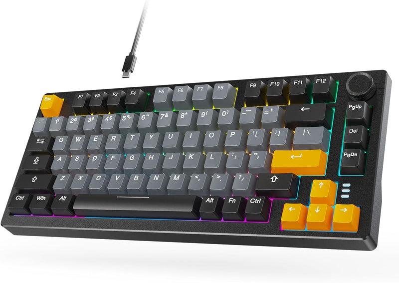 ARZOPA 75% Mechanical Gaming Keyboard Wired, Rainbow Backlit 81 Keys, Gasket Mount, One Knob Volume Control, Sound Absorbing Pads, Linear Red Switch-K81