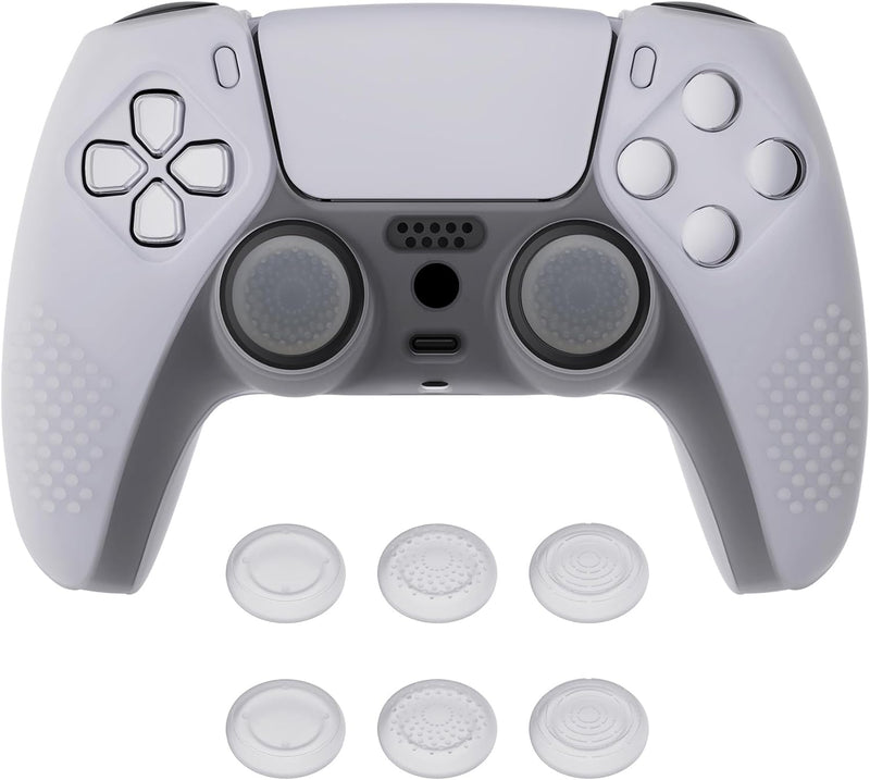 eXtremeRate PlayVital Clear White 3D Studded Edition Anti-Slip Silicone Cover Skin for PS5 Wireless Controller with 6 Clear White Thumb Grip Caps