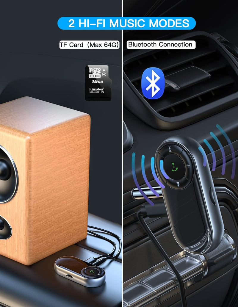RINDOR Aux FM Bluetooth Transmitter for Car, Bluetooth Aux Adapter Input with microSD Card Slot, Wireless Calling with Bluetooth 5.0, Hi-fi Music, Dual Connection, Auto-Reconnect
