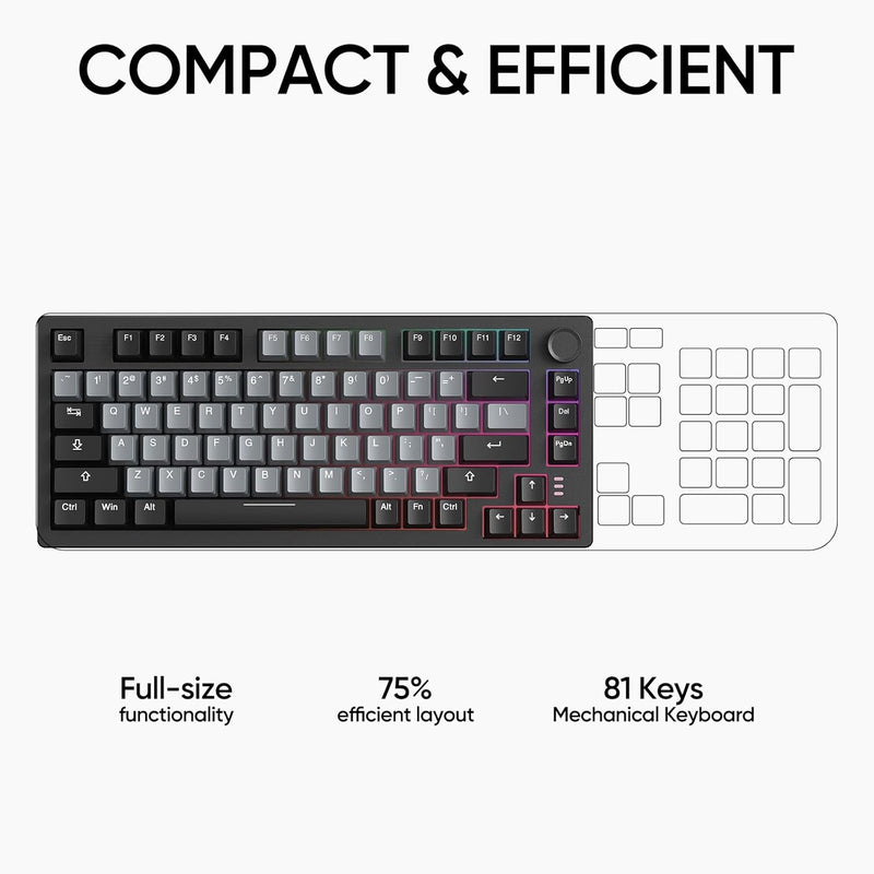 ARZOPA 75% Mechanical Gaming Keyboard Wired, Rainbow Backlit 81 Keys, Gasket Mount, One Knob Volume Control, Sound Absorbing Pads, Linear Red Switch-K81