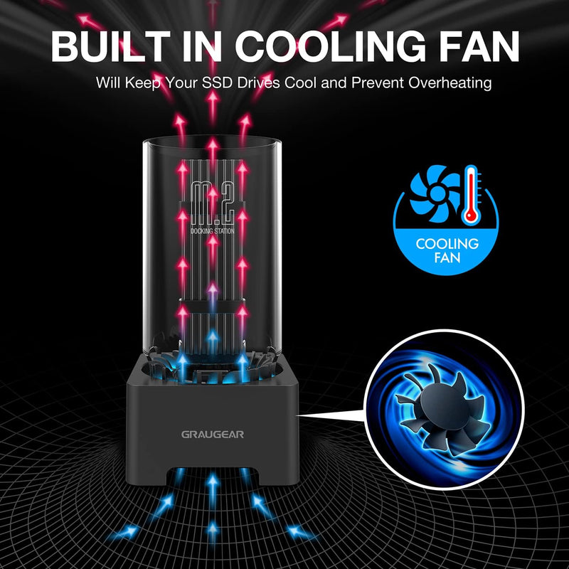 GRAUGEAR M.2 NVMe SATA SSD Enclosure Docking Station, USB 3.2 Gen 2 10Gbps External Docking Base with Cooling Fan, UASP Trim Support, M2 PCIe NGFF M Key M+B Key, RTL9210B Chipset [G-M2DK-AC-10G]