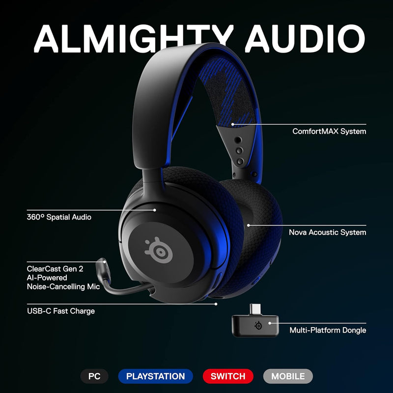 SteelSeries Arctis Nova 4P Wireless Multi-Platform Gaming Headset - 360° Spatial Audio - 2.4GHz High-Speed Wireless - 36 Hr Battery - USB-C - Gen 2 Mic - for Playstation, Switch, PC, PSVR2, Meta Quest 2, Steam Deck, USB C mobiles & tablets