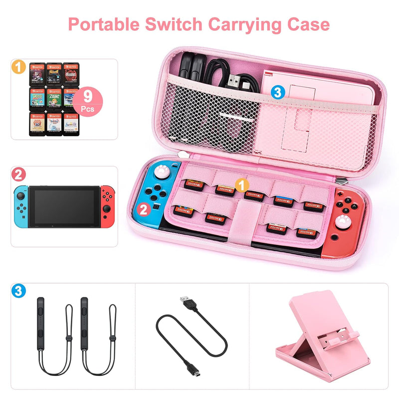 15-in-1 Pink Switch Accessories Kit/ Bundle for Girls by Younik - includes Carrying Case and Adjustable Stand