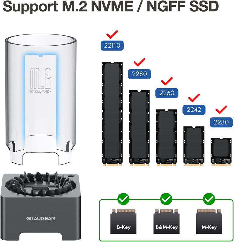 GRAUGEAR M.2 NVMe SATA SSD Enclosure Docking Station, USB 3.2 Gen 2 10Gbps External Docking Base with Cooling Fan, UASP Trim Support, M2 PCIe NGFF M Key M+B Key, RTL9210B Chipset [G-M2DK-AC-10G]