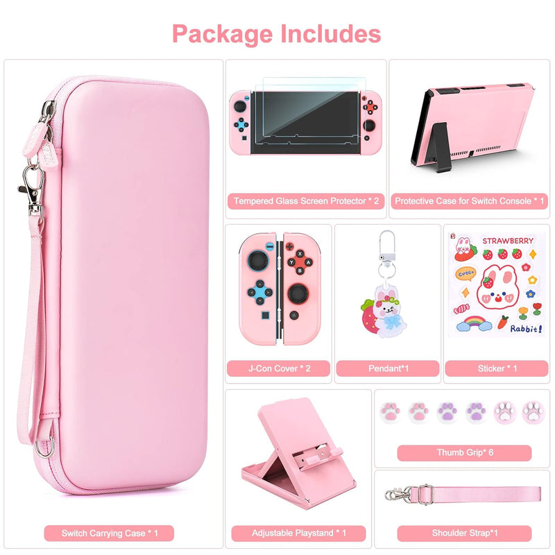 15-in-1 Pink Switch Accessories Kit/ Bundle for Girls by Younik - includes Carrying Case and Adjustable Stand