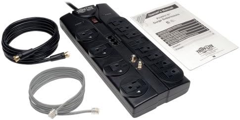 Tripp Lite TLP1208TELTV 12 Outlet Surge Protector Power Strip, 8ft Cord, Right-Angle Plug, Tel/Modem/Coax Protection, RJ11