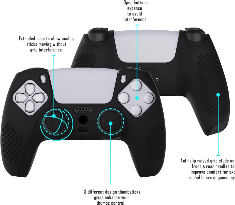 eXtremeRate PlayVital Black 3D Studded Edition Anti-Slip Silicone Cover Skin for PS5 Wireless Controller with 6 Black Thumb Grip Caps