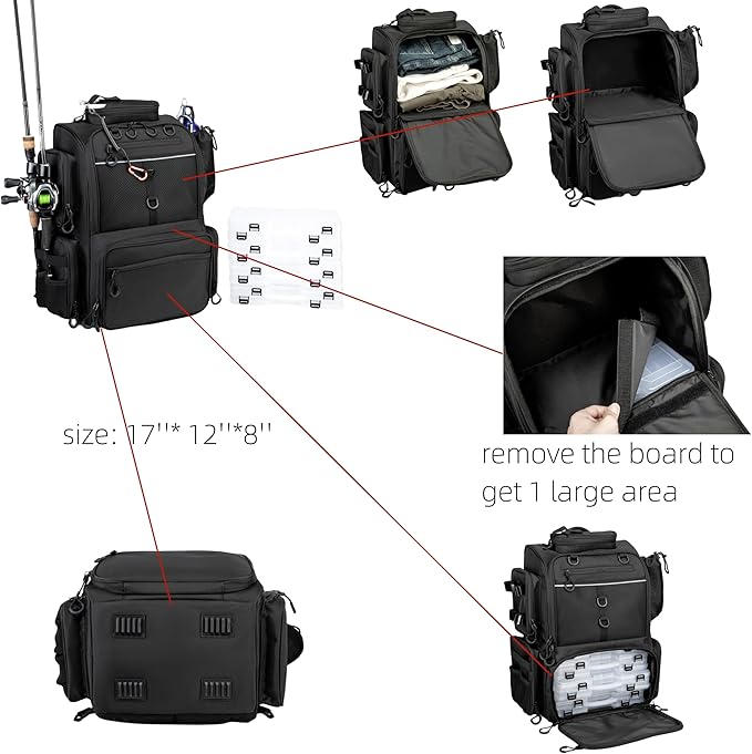 Rabjen Fishing Tackle Backpack with Rod Holders, Bottle Holder, 40L Storage Bag (Trays Not included) for Fishing Gear