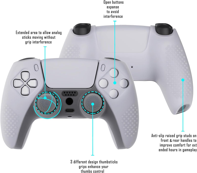 eXtremeRate PlayVital Clear White 3D Studded Edition Anti-Slip Silicone Cover Skin for PS5 Wireless Controller with 6 Clear White Thumb Grip Caps