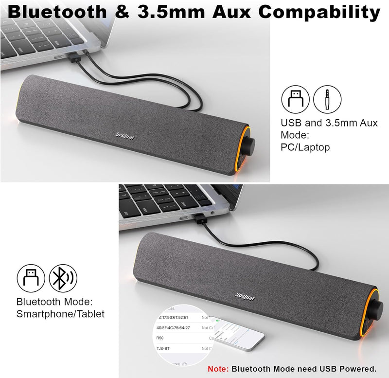 SOULION R50 Bluetooth Computer Speakers, 3.5mm PC Sound Bar for Desktop Monitor, Wired USB Powered & Colorful LED Lights with Switch Button, Surround Sound