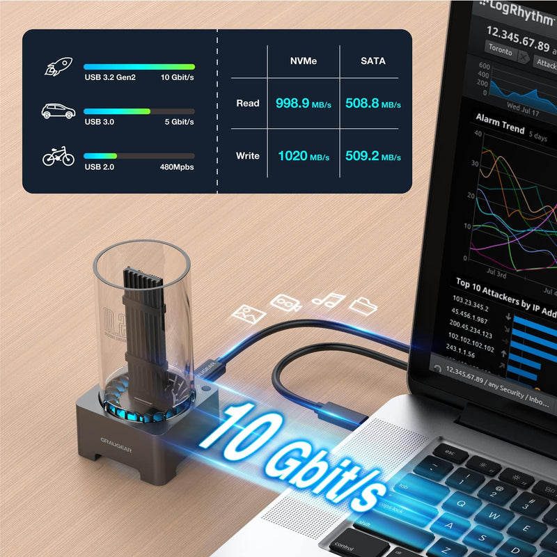 GRAUGEAR M.2 NVMe SATA SSD Enclosure Docking Station, USB 3.2 Gen 2 10Gbps External Docking Base with Cooling Fan, UASP Trim Support, M2 PCIe NGFF M Key M+B Key, RTL9210B Chipset [G-M2DK-AC-10G]