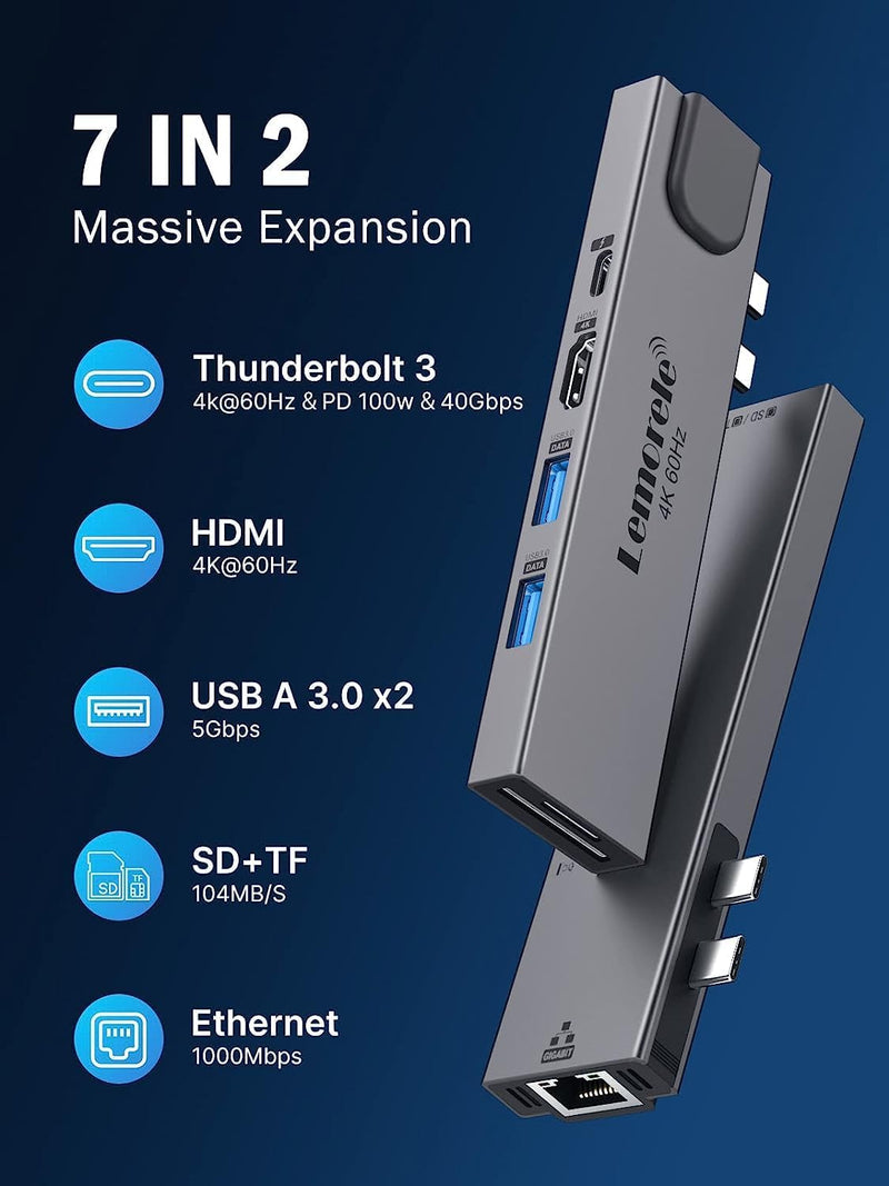 ‘7 in 2’ MacBook Pro/ Air USB-C Hub - with 4K@60Hz HDMI; 100W PD Thunderbolt 3; 1000M RJ45 Ethernet; 2 USB 3.0 ports; SD/TF 3.0 Card Reader - By Lemorele