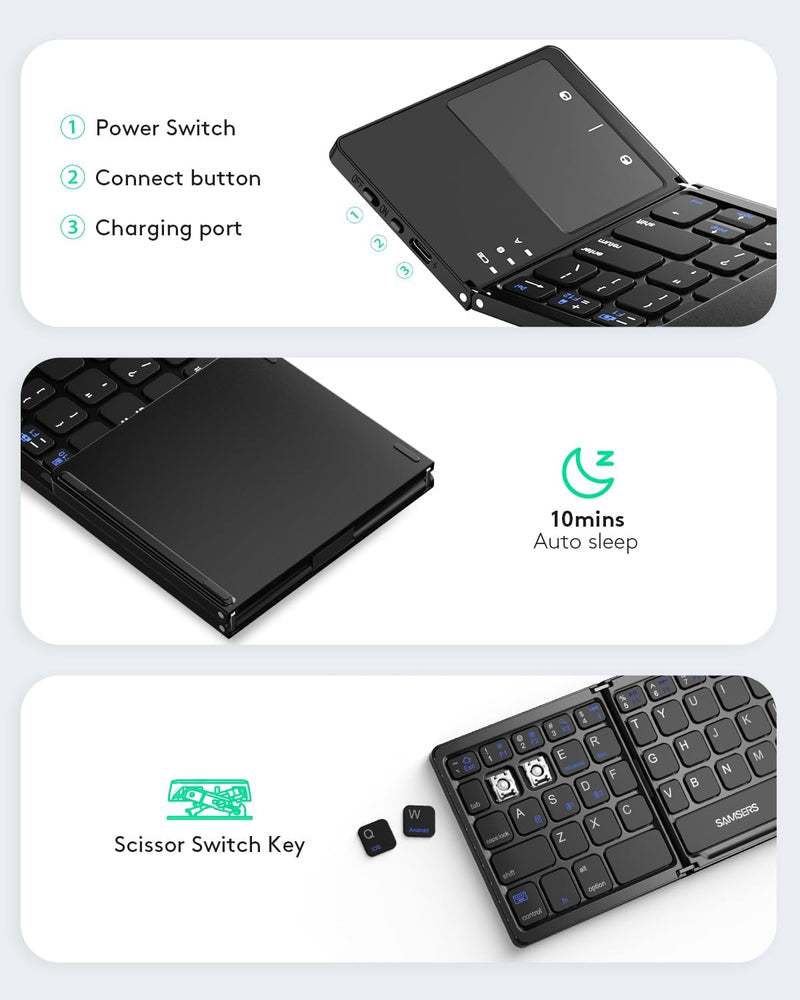 Samsers Multi-Device Foldable Keyboard with Touchpad, Dual-Mode (2.4G + BT) for Android, Windows, iOS, Mac OS