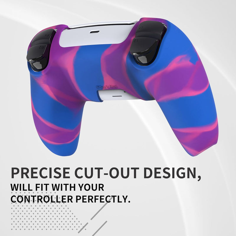 PlayVital Pure Series - Dockable Model - Anti-Slip Silicone Cover Skin for PS5 Controllers, Soft Rubber Grip Case -Compatible with Charging Stations - Thumb Grip Caps included - Purple + Blue + Pink