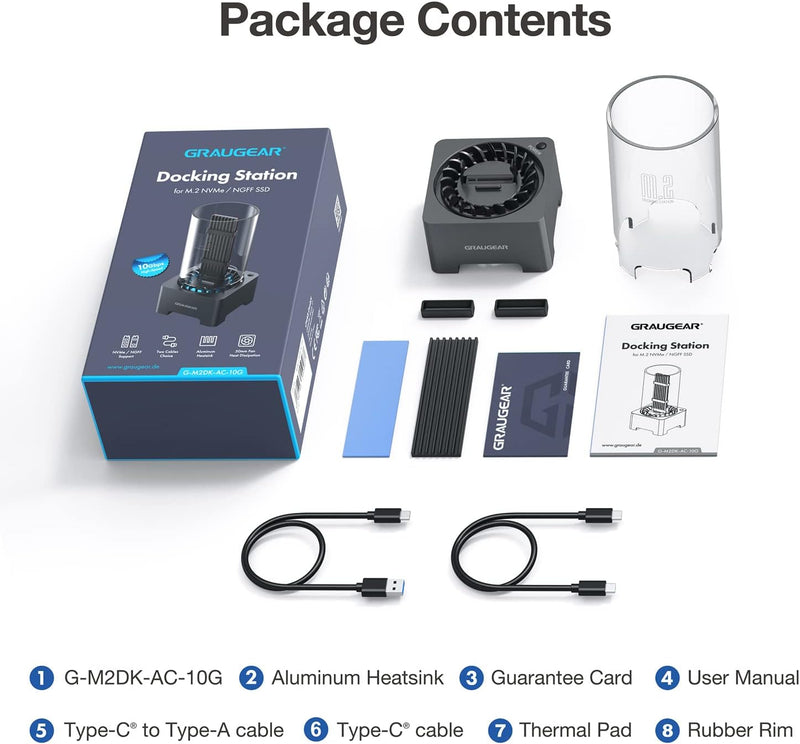 GRAUGEAR M.2 NVMe SATA SSD Enclosure Docking Station, USB 3.2 Gen 2 10Gbps External Docking Base with Cooling Fan, UASP Trim Support, M2 PCIe NGFF M Key M+B Key, RTL9210B Chipset [G-M2DK-AC-10G]