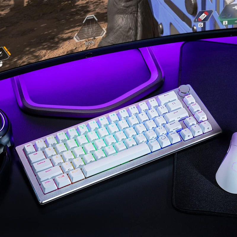 Cooler Master CK721 65% Hybrid Wireless 2.4GHz/ Bluetooth Silver/White Mechanical Gaming Keyboard, Tactile Brown Switches, Customizable RGB, Ergonomic Design, 3-Way Dial (CK-721-SKTM1-US)