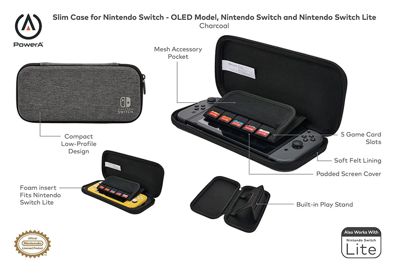 Power A Slim Case for Nintendo Switch - OLED Model, Nintendo Switch or Nintendo Switch Lite – Charcoal