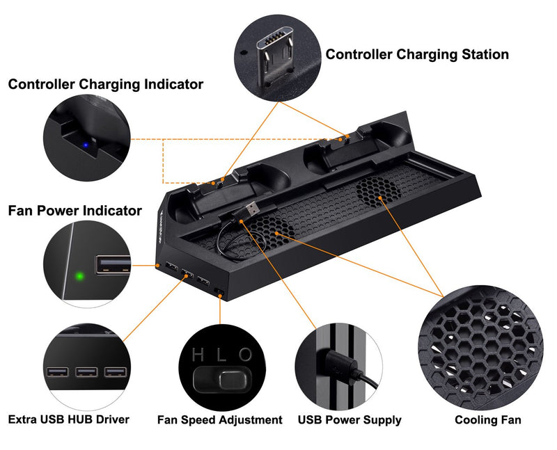 PS4 Universal Vertical Stand, Fan Cooler and Dual Charging Station – for PS4/ PS4 Pro/ PS4 Slim