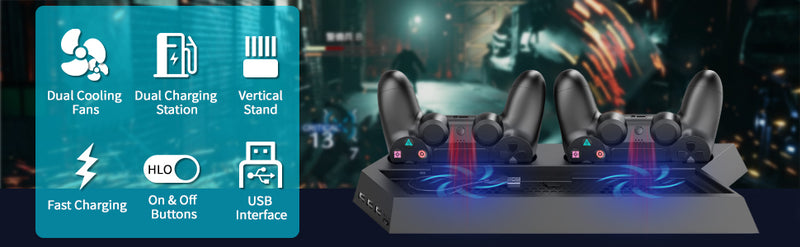 PS4 Universal Vertical Stand, Fan Cooler and Dual Charging Station – for PS4/ PS4 Pro/ PS4 Slim