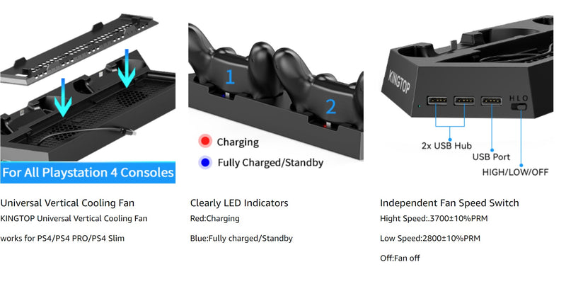 PS4 Universal Vertical Stand, Fan Cooler and Dual Charging Station – for PS4/ PS4 Pro/ PS4 Slim